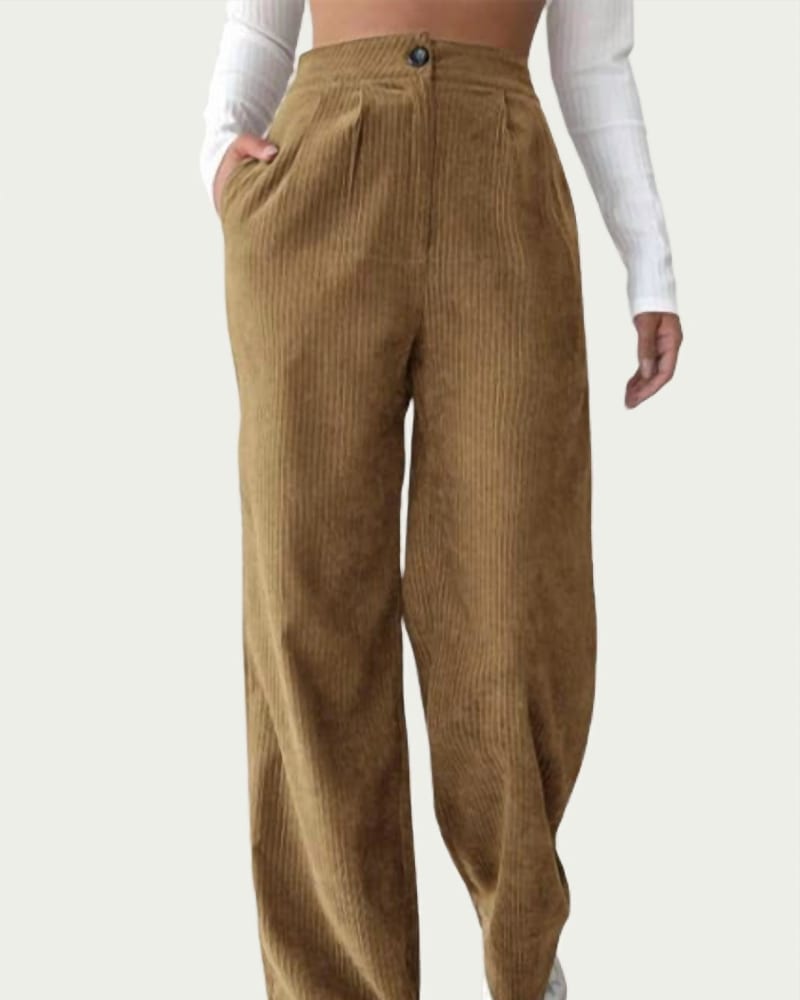 Front of a model wearing a size L High-Waist Pleated Corduroy Pant in Camel in Camel by TREND SHOP. | dia_product_style_image_id:338710